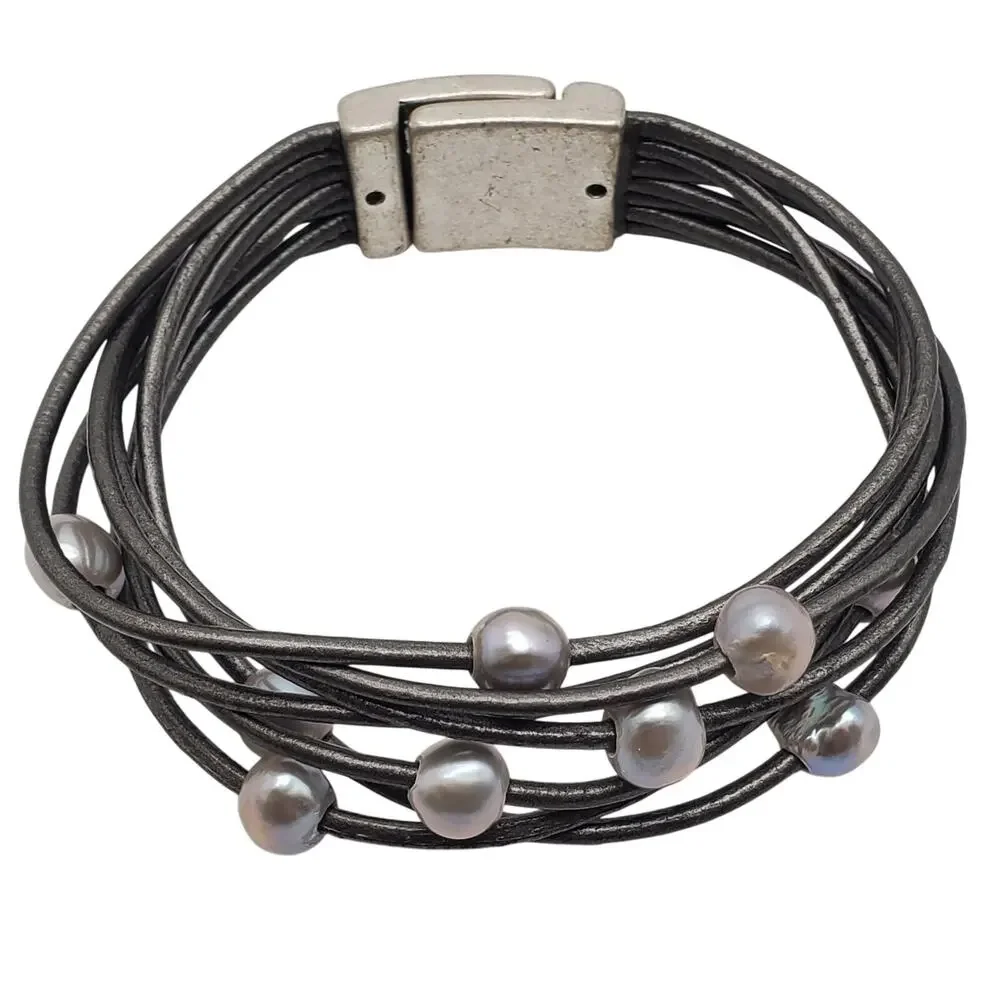 Saachi Freshwater Pearl Bracelet Gray Gunmetal Multi Strap Wrap Layered Modern - Picture 3 of 10